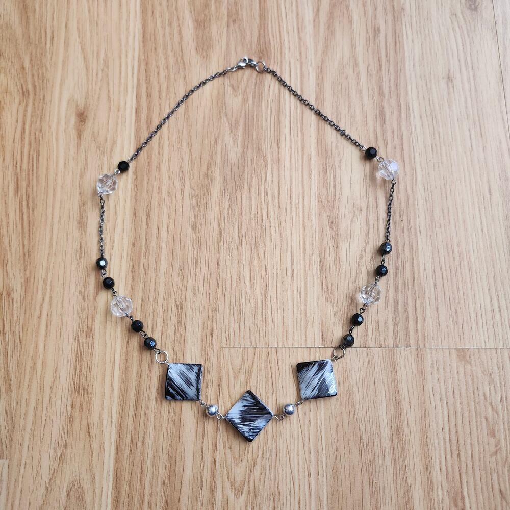 Black White‎ Acrylic Geometric Bead Necklace Clear Crystal Gunmetal Statement
